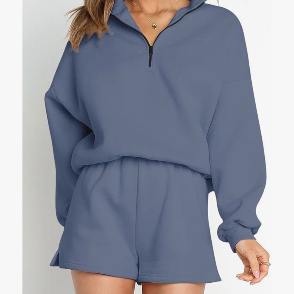 Blue Half-Zip Pullover and Shorts Set